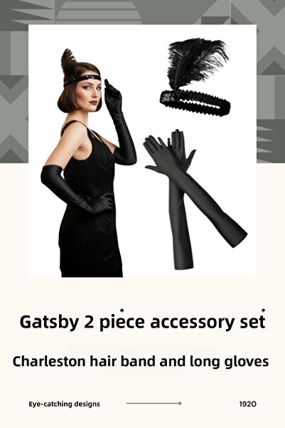 shop Set de accesorii Gatsby din anii '20 – Bentiță neagră Charleston și mănu...