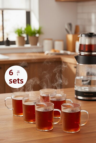 Vienev طقم من 6 أكواب زجاجية مخططة ومزخرفة بمقابض - كوب شاي زجاجي سعة 200 مل