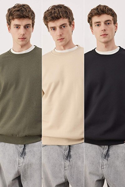 Trendyol Collection Черно-каки-бежово 3-компонентно комплект Регулярно/нормално прилягане Основно поларно флисово суитшърт TMNAW26SW00006