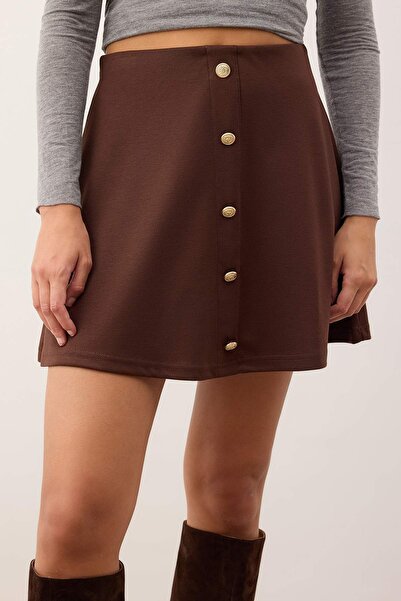 Trendyol Collection Кафява мини пола с копчета и А-образен силует TWOAW26ET00085