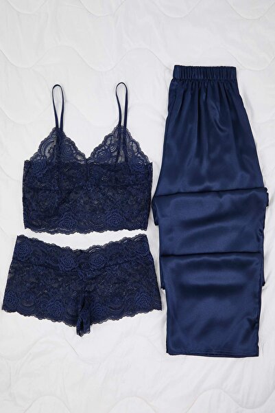 Trendyol Curve طقم بيجامة منسوجة مكونة من 3 قطع باللون الأزرق الداكن، مصنوعة من الدانتيل العلوي والساتان السفلي مع حمالات داخلية، طقم بيجامة منسوجة TBBAW26AI00043