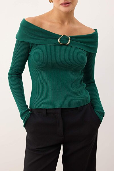 Trendyol Collection Emerald Green Accessory Detail Carmen Collar Slim Knitwear Sweater Twoaw26Kz00118