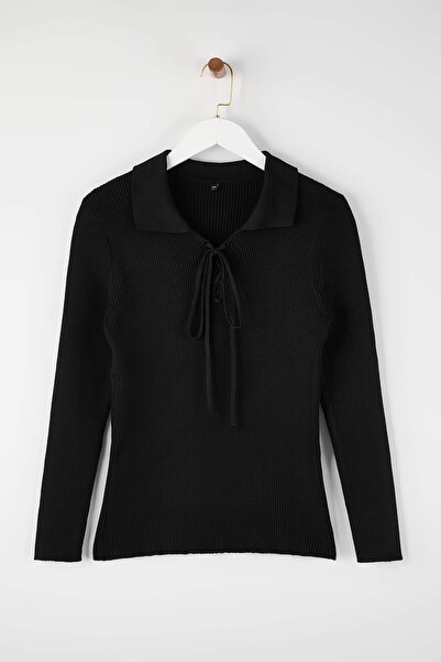 Trendyol Curve Black Polo Neck Ribbed Slim Knit Blouse Tbbaw26Af00001