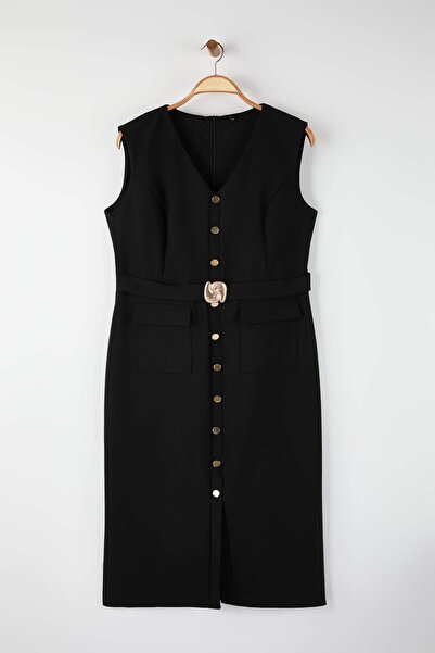 Trendyol Curve Special Collection Black Belted Accessory Detailed Midi Woven Dress Tbbaw26Ah00094