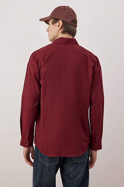 Trendyol Collection Burgundy Regular Fit Embroidered Oxford Men's Shirt Tmnaw25Go00036