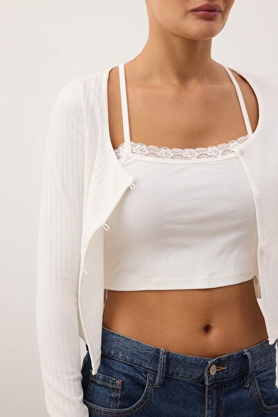 Trendyol Collection Λευκή διπλή μπλούζα/καρφώδης πλεκτή μπλούζα TWOAW26BZ00309