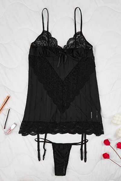 Trendyol Curve Black Capless Lace/Flexible Fabric Fancy Plus Size Babydoll Tbbaw26Dh00004