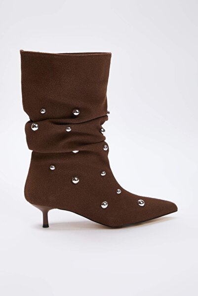 TRENDYOL SHOES Dark Brown Bellows Trok Detailed Premium Women's 4 cm Kitten Heel Boots Takaw26Cz00028