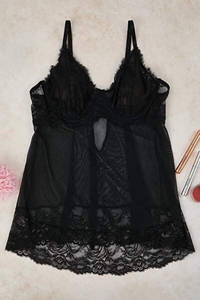 Trendyol Curve Чорна безкапсульна балерина з мереживом, великий розмір, фантазія Babydoll TBBAW26DH00000