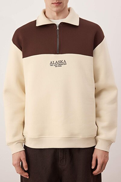 Trendyol Collection Brown-Beige Oversize/Wide Cut Color Block Fleece/Liner Warm Sweatshirt Tmnaw24Sw00130