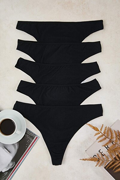 Trendyol Curve Μαύρο Πακέτο 5 Βαμβακερών Ελαστικών Πλεκτών Εσωρούχων Βραζιλιάνικου Τύπου Plus Size TBBAW26CM00013