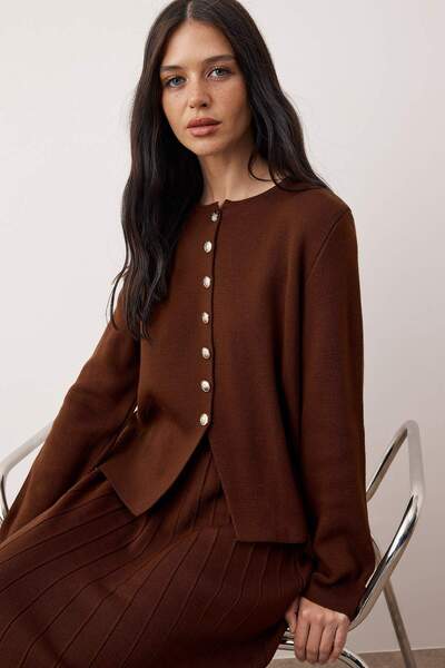 Trendyol Modest Brown Buttoned Skirted Knitwear Bottom - Top Set Tctaw26Us00063