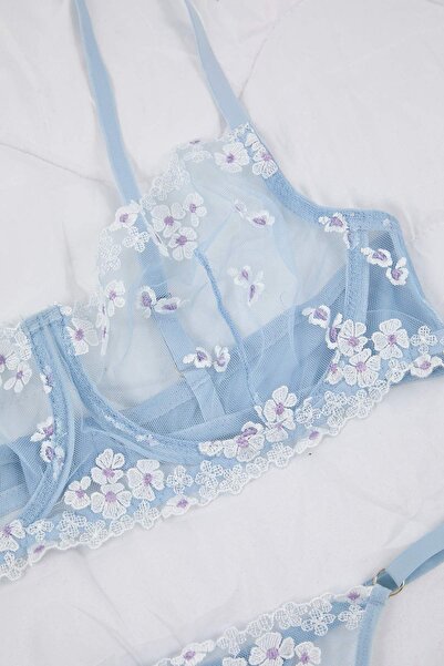 Trendyol Curve Blue Brode Floral Plus Size Underwear Set Tbbaw26Dg00008
