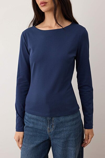 Trendyol Collection Grey Melange-Navy Blue Double Pack Boat Neck Fitted/Bodycon Knitted Blouse Twoaw25Bz00062