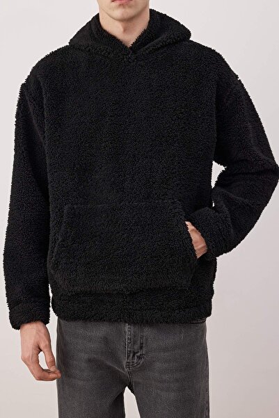 Trendyol Collection Black Unisex Oversize/Wide Cut Sherpa Fleece/Plush Hooded Sweatshirt Tmnaw25Sw00147