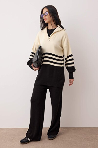 Trendyol Modest Μαύρο ριγέ πλεκτό με φερμουάρ - Σετ επάνω και κάτω TCTAW26US00066