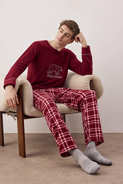 Trendyol Collection Burgundy Polar Plaid/Karate Bear Patterned Knitted Pajama Set Tedaw25Pt00035