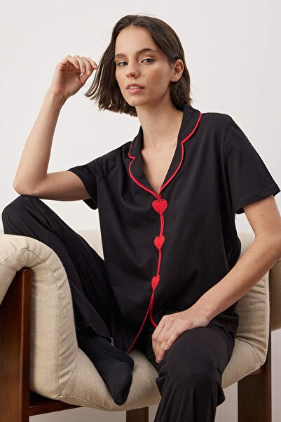Trendyol Collection Black 100% Cotton Heart Embroidery 30/1 Openend Single Jersey Knitted Pajamas Set Thmaw26Pt00143