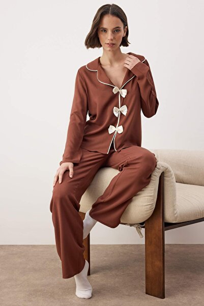 Trendyol Collection Brown Viscose Plain Shally Woven Pajama Set Thmaw25Pt00032
