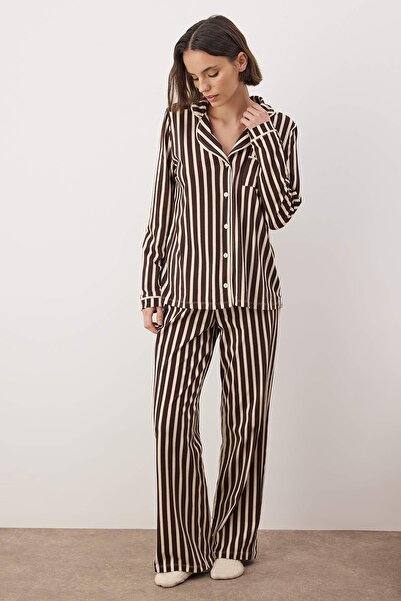 Trendyol Collection Brown 100% Cotton Striped Single Jersey Knitted Pajama Set Thmaw21Pt0614