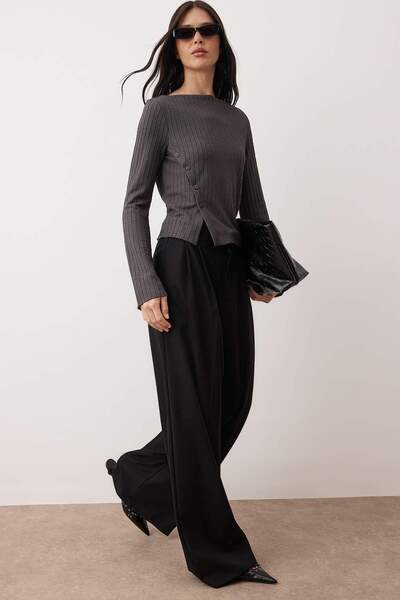 Trendyol Collection Anthracite Button Detailed Asymmetric Bodycon Stretchy Knitted Blouse Twoaw26Bz00040