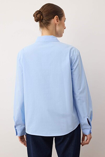 Trendyol Collection Cămașă din poplin de bumbac cu detaliu cu nasturi argintiu albastru TWOAW26GO00114