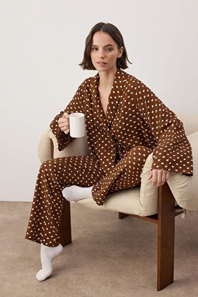 Trendyol Collection Dark Brown Heart Shally Woven Pajama Set Thmaw22Pt0300