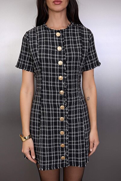 Trendyol Collection Black Plaid / Check Tweed Button Detail Short / Mini Woven Shirt Dress Twoaw26El00290