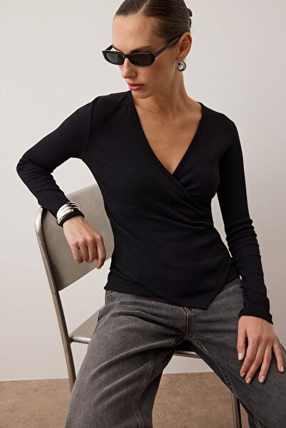 Trendyol Collection Μαύρη εφαρμοστή διπλό στήθος μακρυμάνικη μπλούζα με ραβδώσεις ελαστική πλεκτή TWOAW21BZ1274
