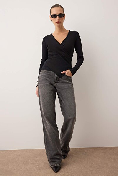 Trendyol Collection Μαύρη εφαρμοστή διπλό στήθος μακρυμάνικη μπλούζα με ραβδώσεις ελαστική πλεκτή TWOAW21BZ1274