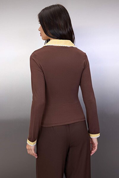 Trendyol Collection Brown Plaid Check Fitted/Bodycon Knitted Blouse with Woven Detail Twoaw26Bz00008