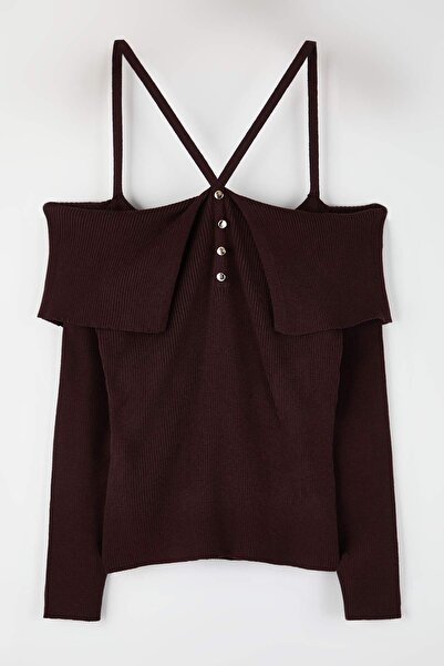 Trendyol Curve Burgundy Premium/Special Yarn Carmen Collar Halter Neck Slim Knitwear Sweater Tbbaw26An00050