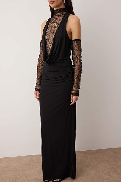 Trendyol Collection Black Lace Detailed Deep Degaje Neckline Straight Maxi Evening Dress & Graduation Dress Tpraw26Ae00014