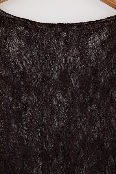 Trendyol Curve Brown Regular Fit Boat Neck Lace Knitted Plus Size Blouse Tbbaw26Af00031