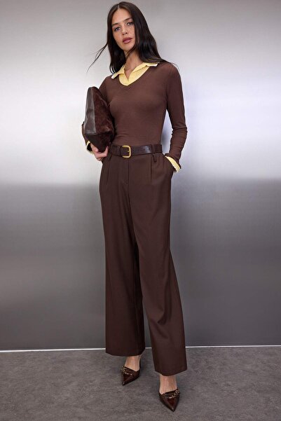 Trendyol Collection Brown Plaid Check Fitted/Bodycon Knitted Blouse with Woven Detail Twoaw26Bz00008