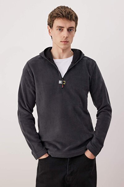 Trendyol Collection Anthracite Slim/Fitted Polar Zippered Hooded Sweatshirt Tmnaw26Sw00064