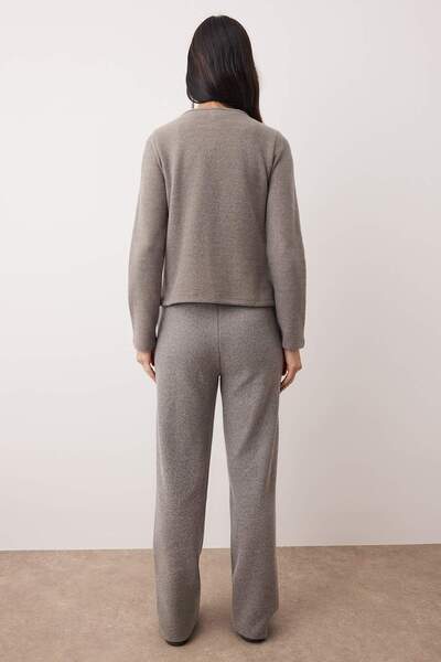 Trendyol Collection Gray Melange Binding Detail V-Neck Textured Stretchy Knitted Bottom - Top Set Twoaw26Au00115