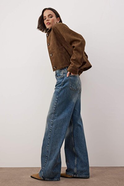 Trendyol Collection Blue*002 High Waist Wide Leg Wide Leg Smoke Jeans Twoaw24Je00075