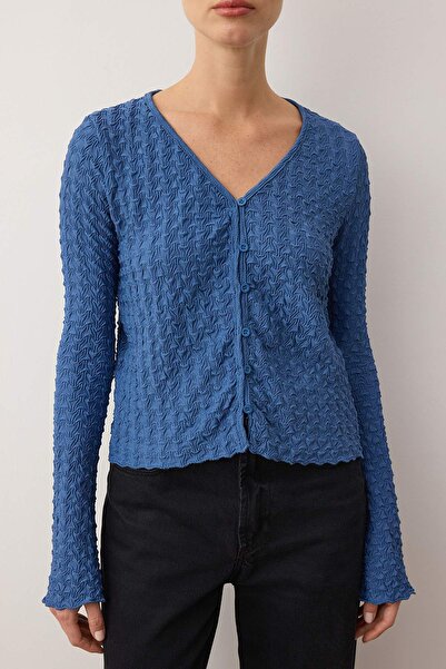 Trendyol Collection Indigo Textured Long Sleeve Stretchy Knitted Blouse Twoaw26Bz00334