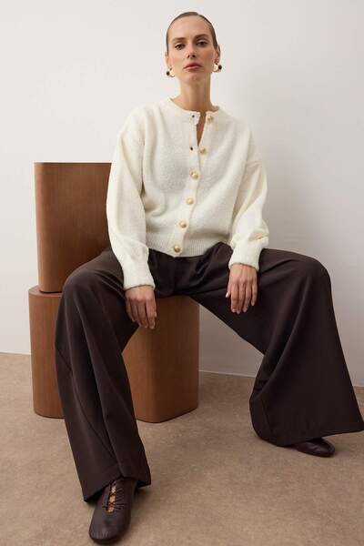 Trendyol Collection Ecru Button Detailed Soft Textured Jacket-Looking Knitwear Cardigan Twoaw25Hi00147