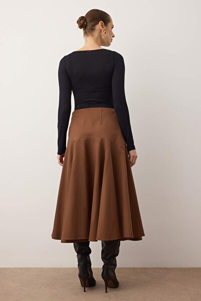 Trendyol Collection Dark Brown Button Detailed Midi Length Cotton Flared Skirt Twoaw26Et00033