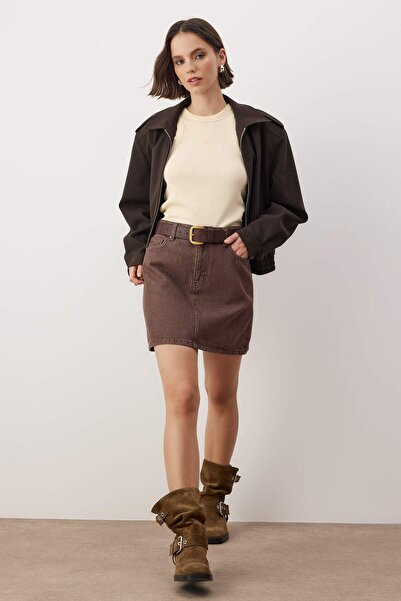 Trendyol Collection Light Brown Mini Basic Denim Skirt Twoaw26Et00049