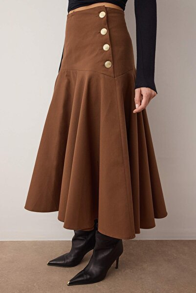 Trendyol Collection Dark Brown Button Detailed Midi Length Cotton Flared Skirt Twoaw26Et00033