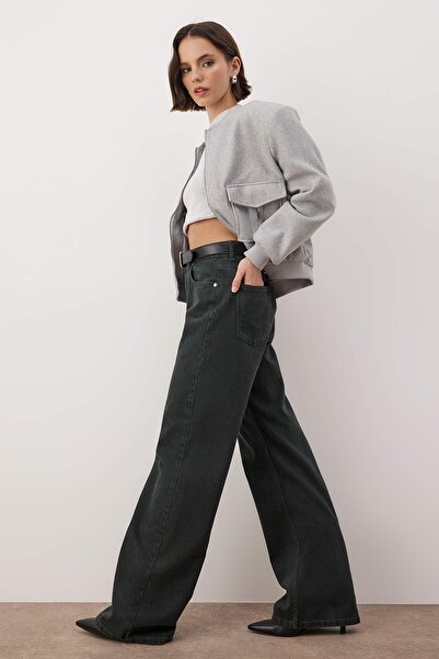 Trendyol Collection Petrol High Waist Vintage Wash Special Color Denim Wide Leg Jeans Twoaw26Je00110