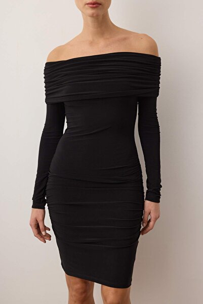 Trendyol Collection Black Open Shoulder Carmen Bodycone/Fitted Stretchy Mini Knitted Dress Twoaw26El00036