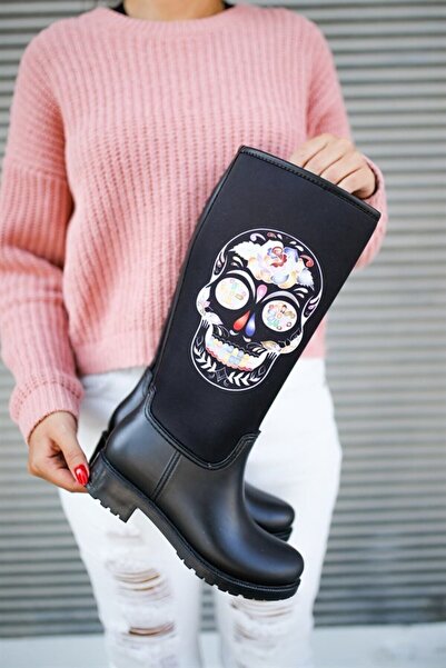 Sea&Blue Αδιάβροχες γυναικείες μπότες βροχής με στάμπα με μοτίβο κρανίου