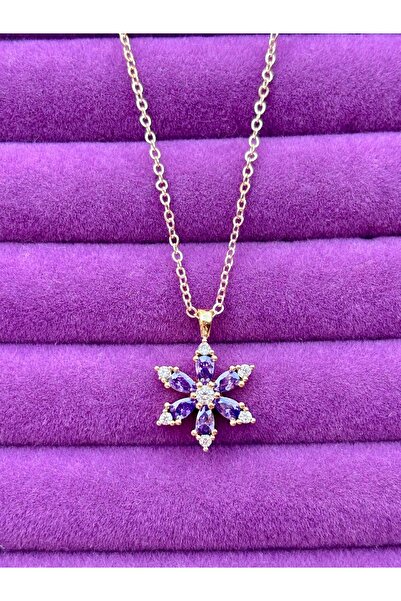 ACQUA BELLA 925 Ayar Gold Ametist Taşlı Mor Lotus Kamelya Çiçeği Kolye – Özel...