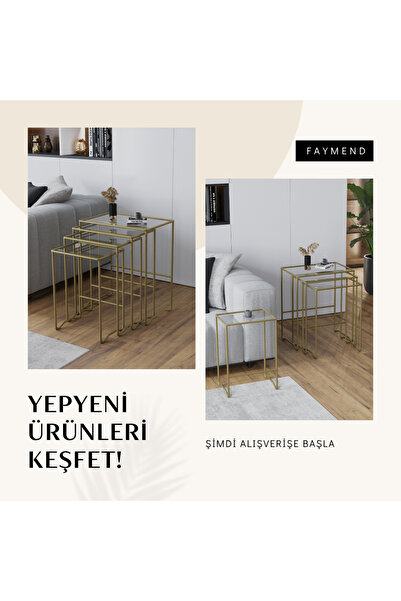 FAYMEND MİMOZA 4 lü Zigon Sehpa, Metal Sehpa, Cam Sehpa 'GOLD - ŞEFFAF'