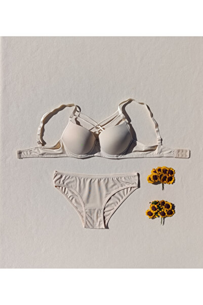siyalife Push up Padded Cross String Tan Bra and Panty Lingerie Set