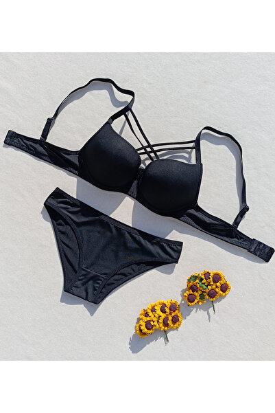 siyalife Push Up Dolgulu Çapraz İpli Siyah Sütyen Ve Külot Iç Çamaşır Takımı